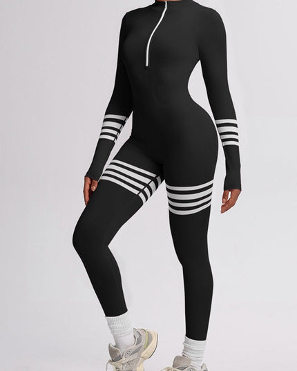 ZASUWA Female Sexy Contrast Color Stripes Zipper Jumpsuit