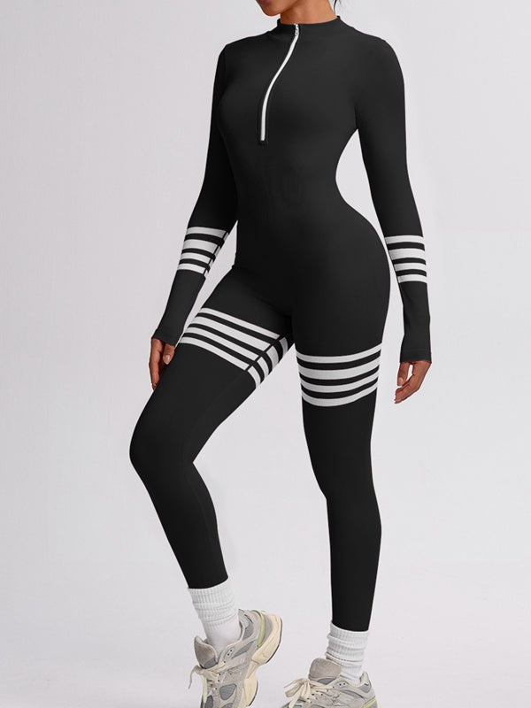 ZASUWA Female Sexy Contrast Color Stripes Zipper Jumpsuit