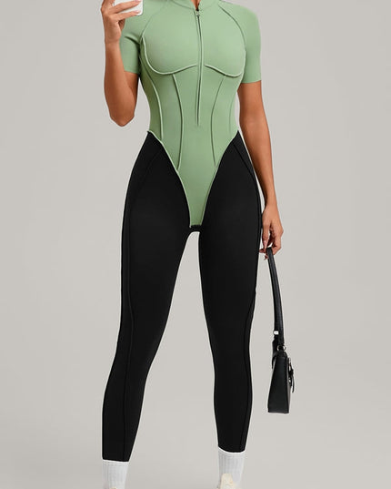 ZASUWA Female Contrast Color Backless Stitch Zipper Jumpsuit