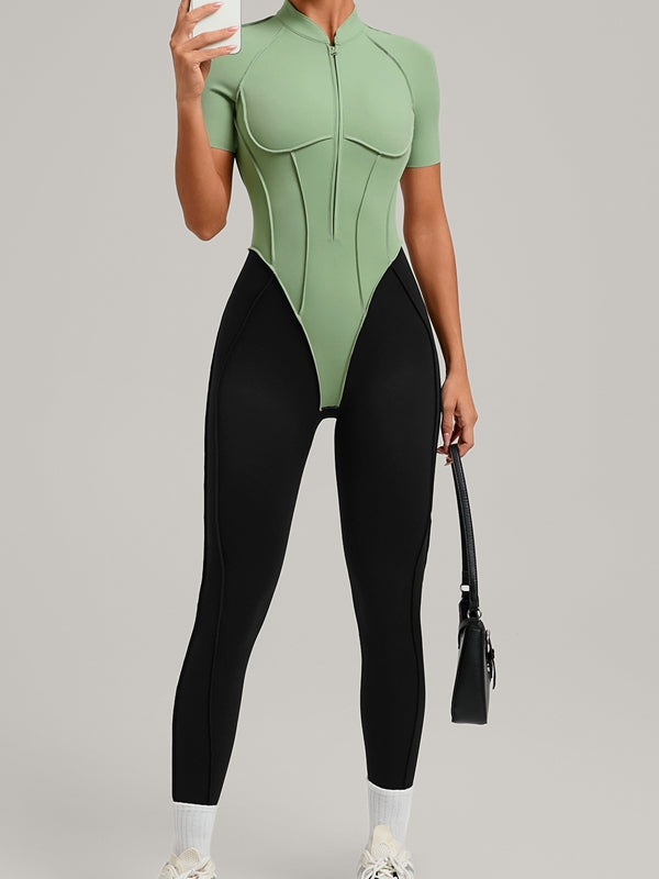 ZASUWA Female Contrast Color Backless Stitch Zipper Jumpsuit