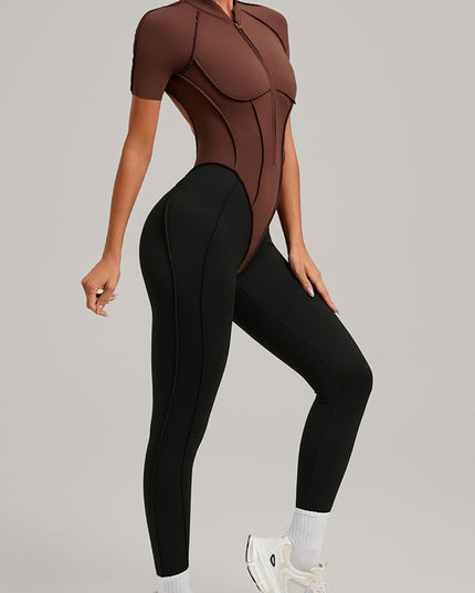 ZASUWA Female Contrast Color Backless Stitch Zipper Jumpsuit