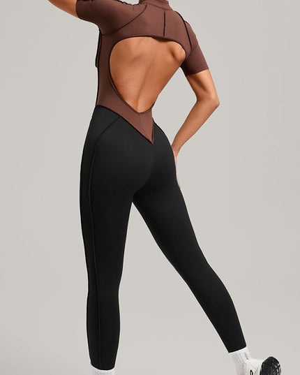 ZASUWA Female Contrast Color Backless Stitch Zipper Jumpsuit