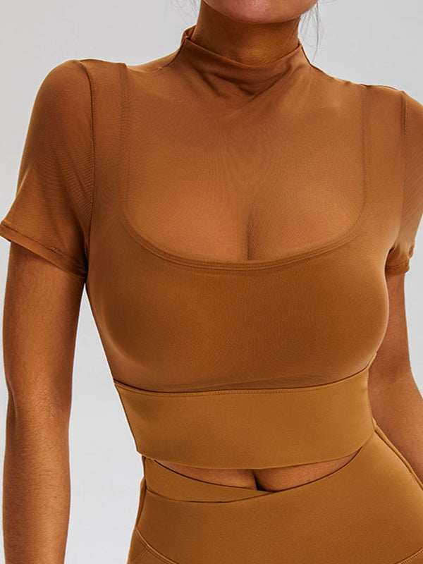 ZASUWA Female Sexy Sheer Mesh Cropped Short Sleeves