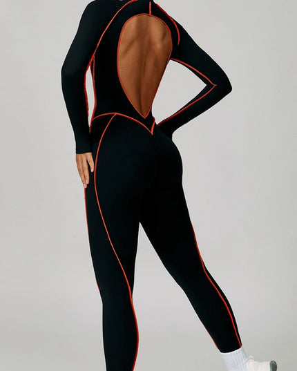 ZASUWA Female Sexy Backless Zipper Contrast Color Stripes Stitch Performance Jumpsuit