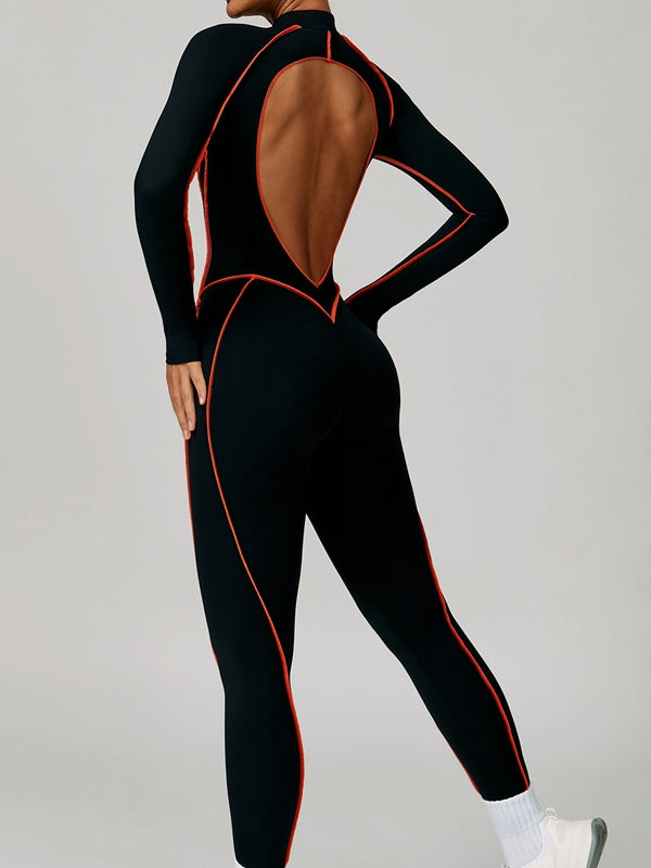 ZASUWA Female Sexy Backless Zipper Contrast Color Stripes Stitch Performance Jumpsuit