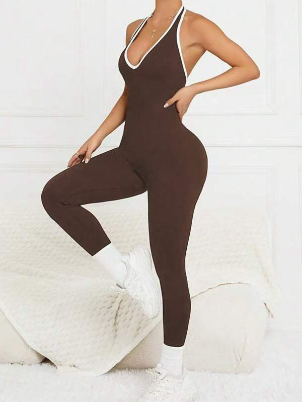 ZASUWA Female Contrast Color Hollow Out Ribbed Scrunch Bum Jumpsuit