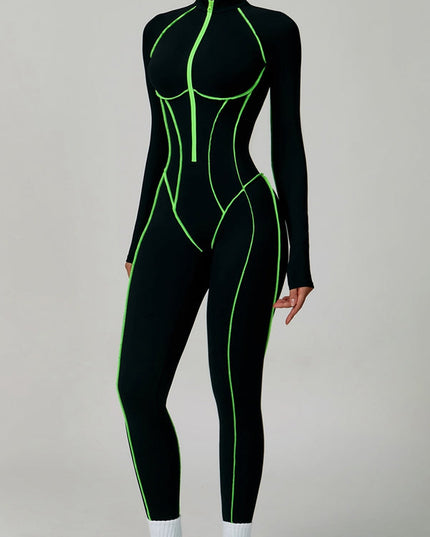 ZASUWA Female Sexy Backless Zipper Contrast Color Stripes Stitch Performance Jumpsuit