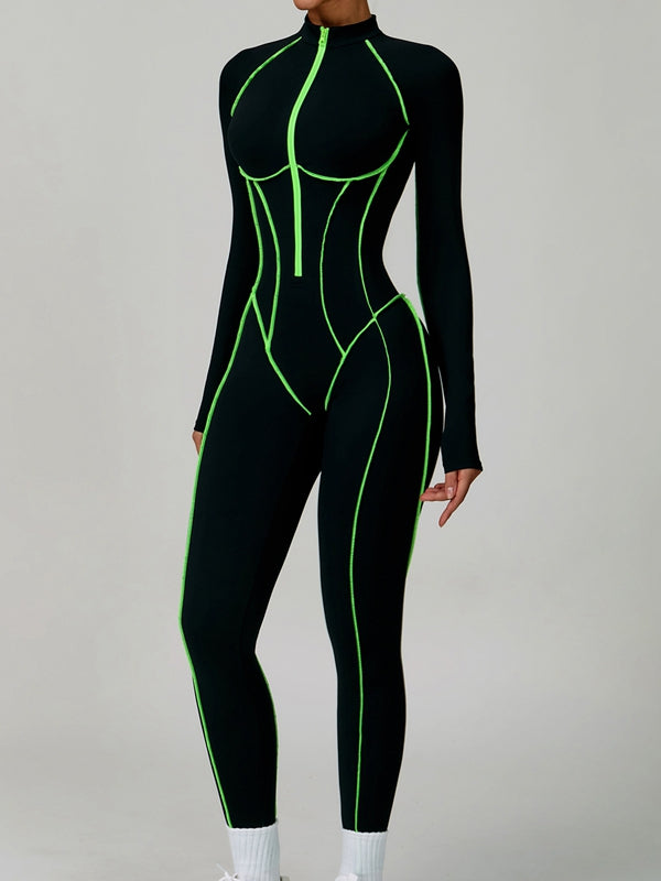 ZASUWA Female Sexy Backless Zipper Contrast Color Stripes Stitch Performance Jumpsuit