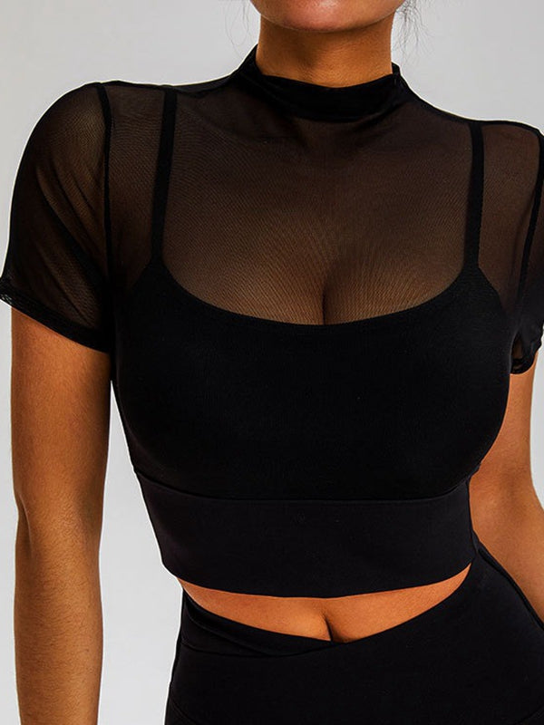 ZASUWA Female Sexy Sheer Mesh Cropped Short Sleeves