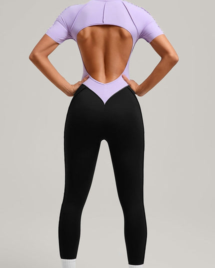 ZASUWA Female Contrast Color Backless Stitch Zipper Jumpsuit