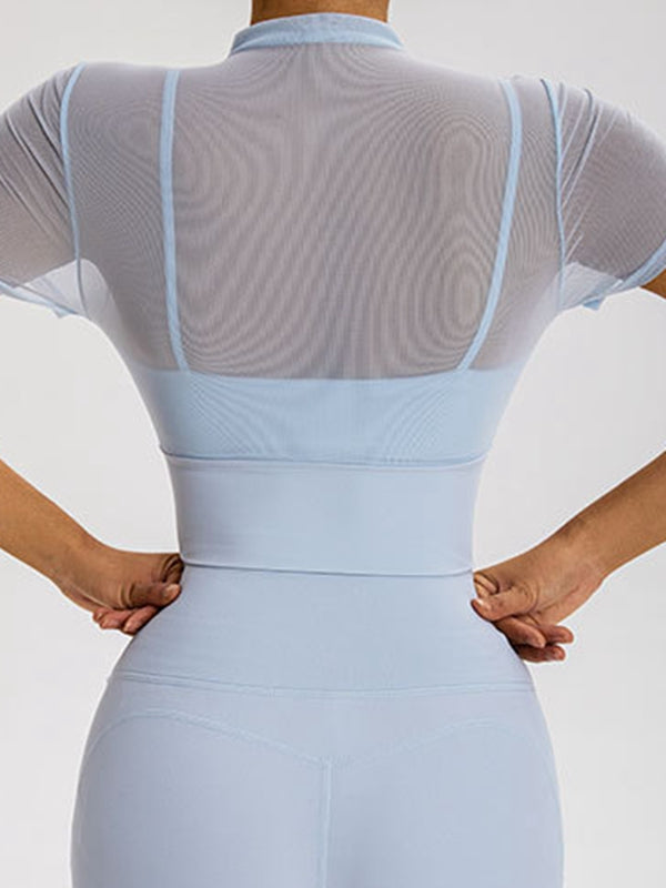 ZASUWA Female Sexy Sheer Mesh Cropped Short Sleeves