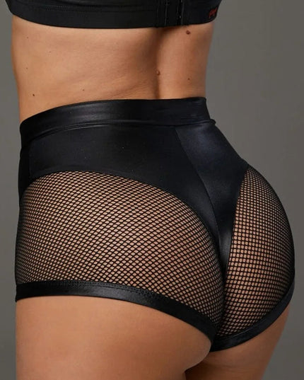 ❤ZASUWA Female Sexy Faux Leather Fishnet Micro Hot Shorts