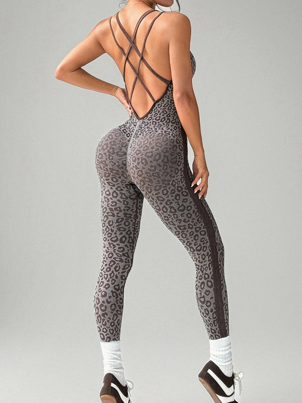 ZASUWA Female Leopard Print Cross Back Jumpsuit