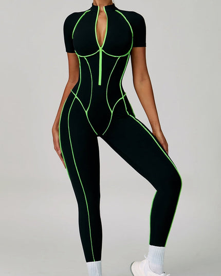 ZASUWA Female Sexy Backless Zipper Contrast Color Stripes Stitch Performance Jumpsuit