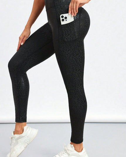 ZASUWA Female Sexy Faux Leather Leopard Print Pocket Leggings