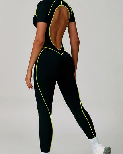 ZASUWA Female Sexy Backless Zipper Contrast Color Stripes Stitch Performance Jumpsuit