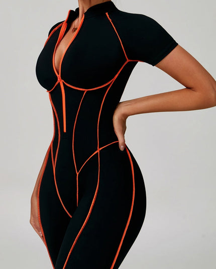 ZASUWA Female Sexy Backless Zipper Contrast Color Stripes Stitch Performance Jumpsuit