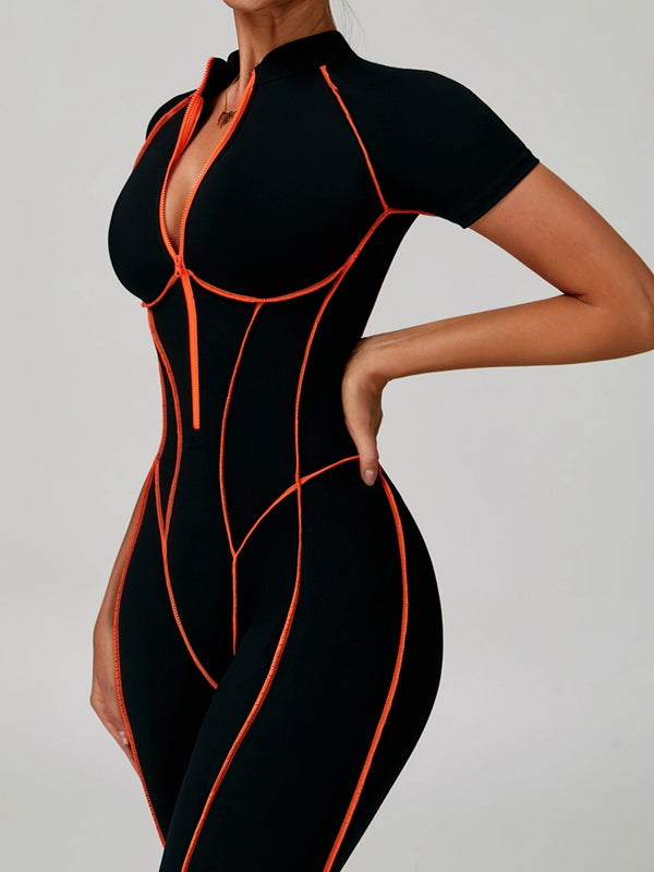 ZASUWA Female Sexy Backless Zipper Contrast Color Stripes Stitch Performance Jumpsuit