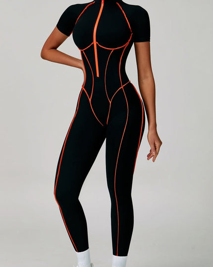 ZASUWA Female Sexy Backless Zipper Contrast Color Stripes Stitch Performance Jumpsuit