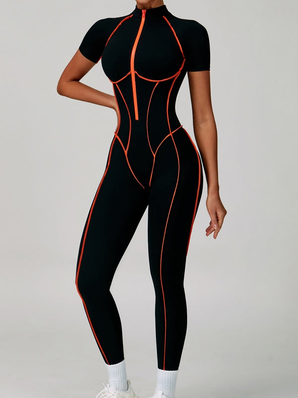 ZASUWA Female Sexy Backless Zipper Contrast Color Stripes Stitch Performance Jumpsuit