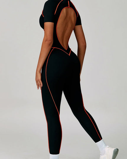 ZASUWA Female Sexy Backless Zipper Contrast Color Stripes Stitch Performance Jumpsuit