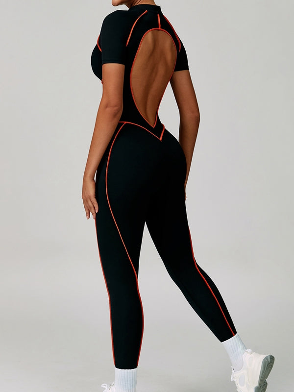 ZASUWA Female Sexy Backless Zipper Contrast Color Stripes Stitch Performance Jumpsuit