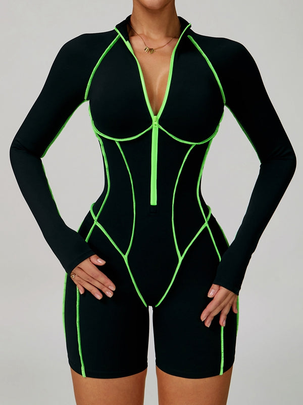 ZASUWA Female Sexy Backless Zipper Contrast Color Stripes Stitch Performance Jumpsuit