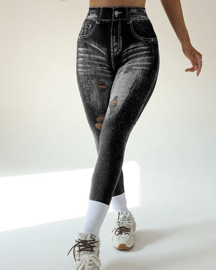 ZASUWA Female Denim Pocket Hollow Out Leggings