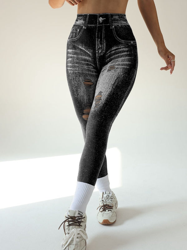 ZASUWA Female Denim Pocket Hollow Out Leggings