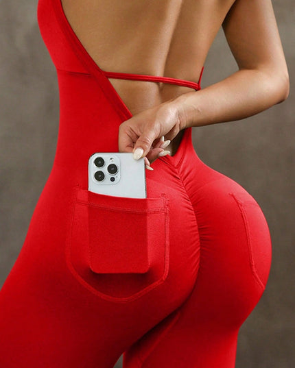 ZASUWA Female Deep V back Backless Pocket Jumpsuit
