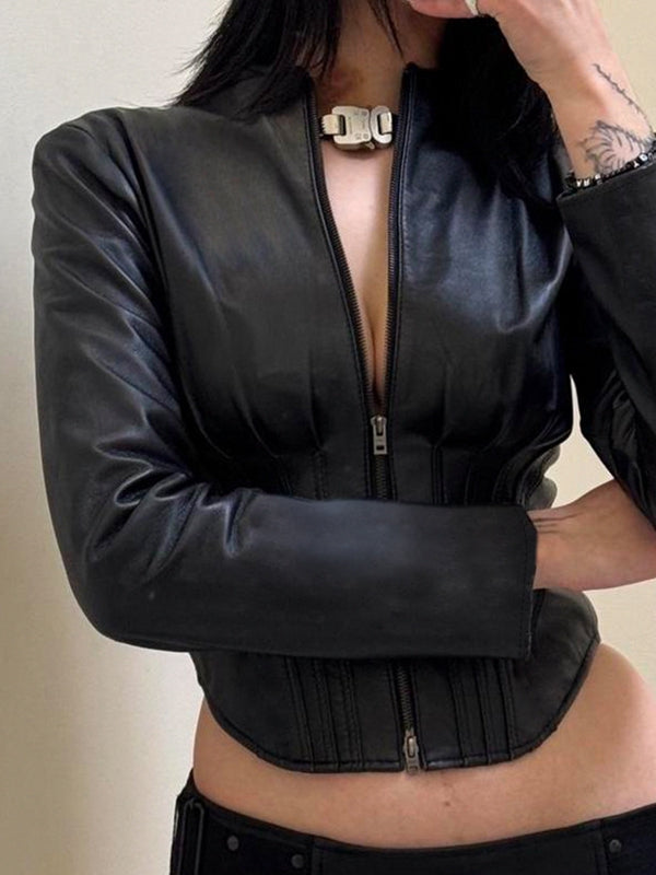 ZASUWA Female Faux Leather Corset Zipper Jacket