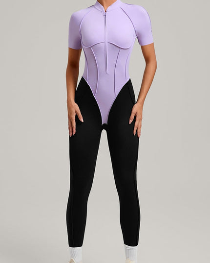 ZASUWA Female Contrast Color Backless Stitch Zipper Jumpsuit