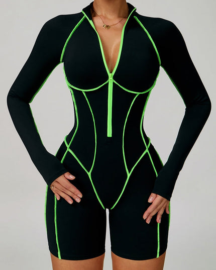 ZASUWA Female Sexy Backless Zipper Contrast Color Stripes Stitch Performance Jumpsuit