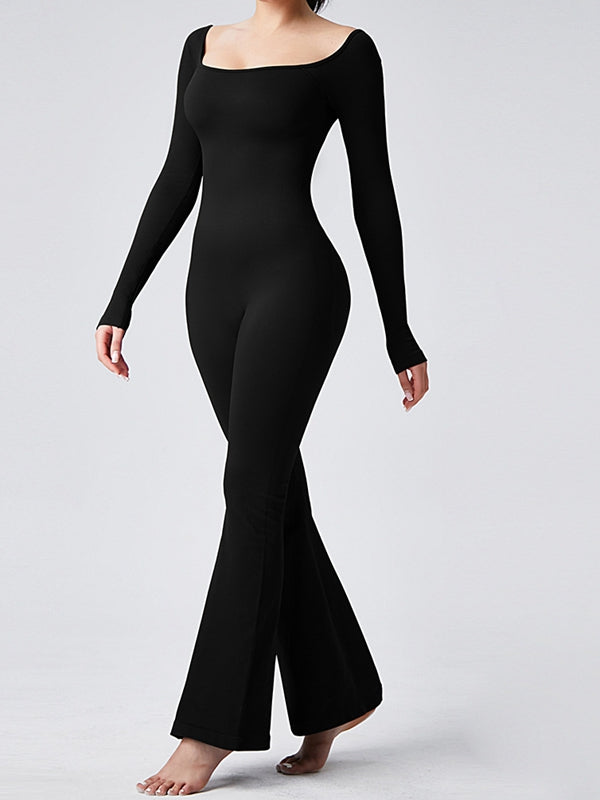 ZASUWA Female Ribbed U Collar Flare Jumpsuit