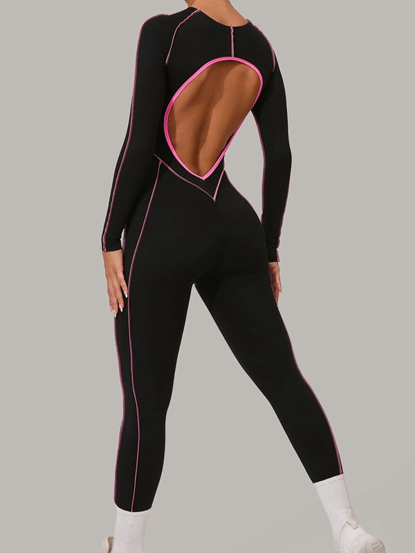 ZASUWA Female Sexy Backless Contrast Color Stripes Jumpsuit