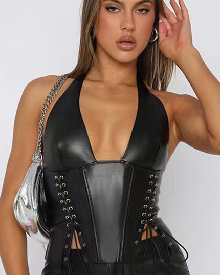 ZASUWA Female Faux Leather Lace-up Tank