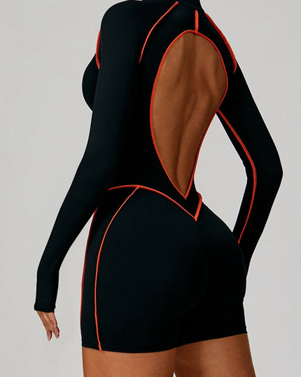 ZASUWA Female Sexy Backless Zipper Contrast Color Stripes Stitch Performance Jumpsuit