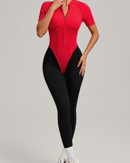 ZASUWA Female Contrast Color Backless Stitch Zipper Jumpsuit