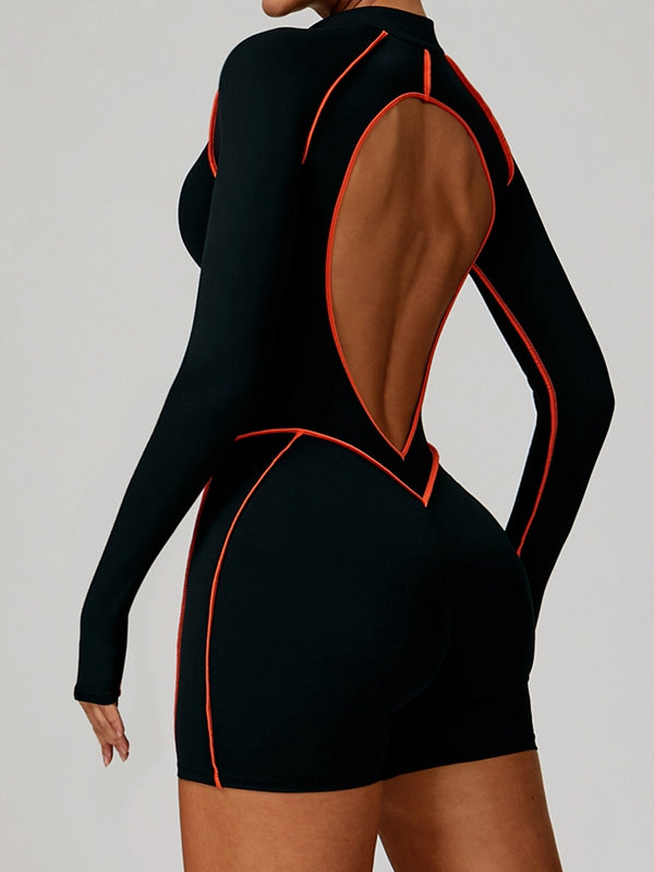 ZASUWA Female Sexy Backless Zipper Contrast Color Stripes Stitch Performance Jumpsuit