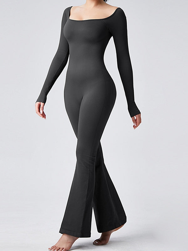 ZASUWA Female Ribbed U Collar Flare Jumpsuit