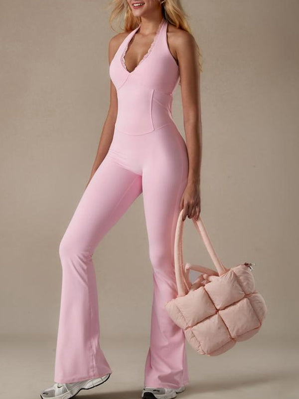 ZASUWA Female Sexy Backless Deep V Collar Flare Jumpsuit