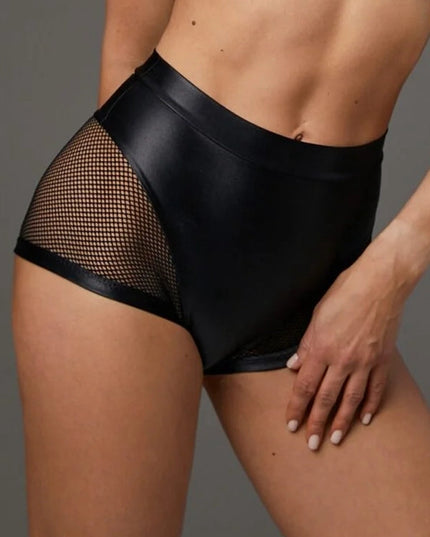 ❤ZASUWA Female Sexy Faux Leather Fishnet Micro Hot Shorts