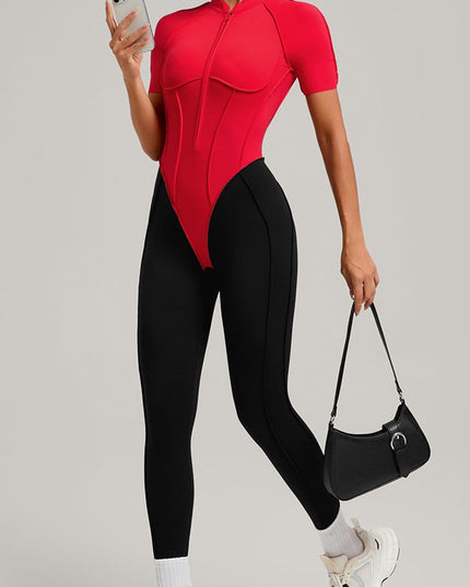 ZASUWA Female Contrast Color Backless Stitch Zipper Jumpsuit