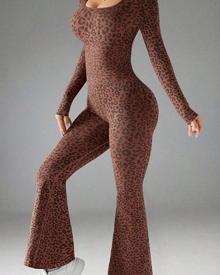 ZASUWA Female Leopard Print Backless Deep V Back Flare Jumpsuit
