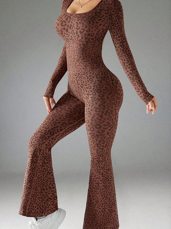 ZASUWA Female Leopard Print Backless Deep V Back Flare Jumpsuit