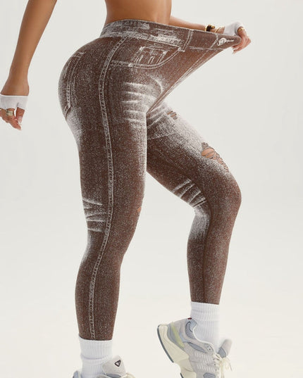 ZASUWA Female Denim Pocket Hollow Out Leggings