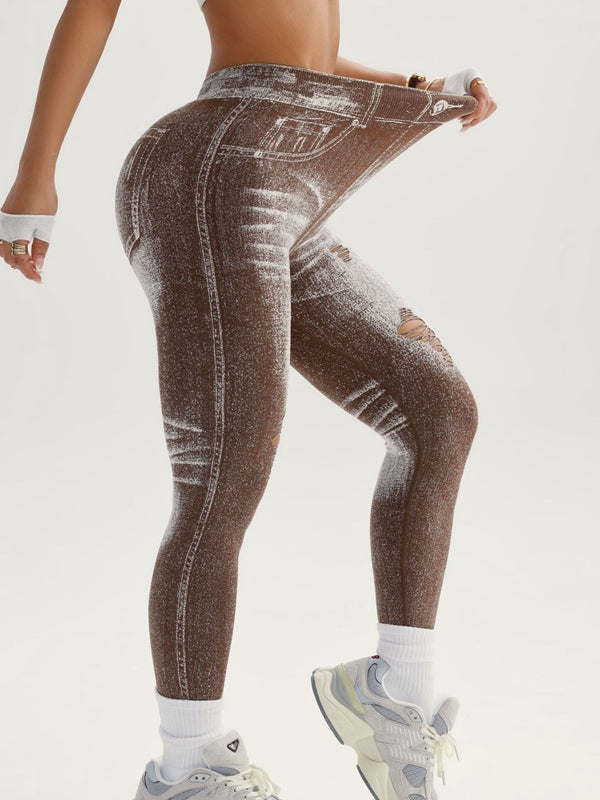 ZASUWA Female Denim Pocket Hollow Out Leggings