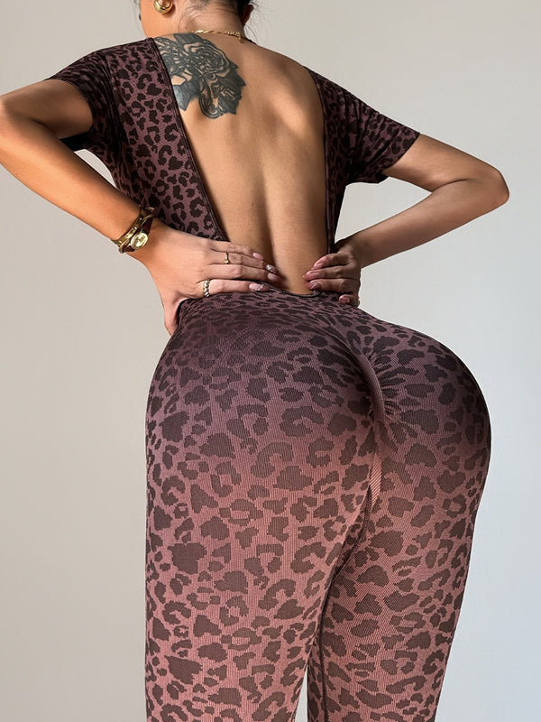 ZASUWA Female Leopard Print Backless Jumpsuit
