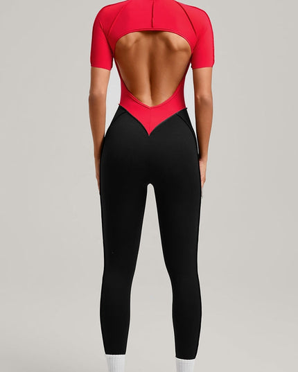 ZASUWA Female Contrast Color Backless Stitch Zipper Jumpsuit