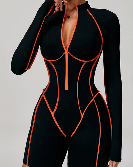 ZASUWA Female Sexy Backless Zipper Contrast Color Stripes Stitch Performance Jumpsuit